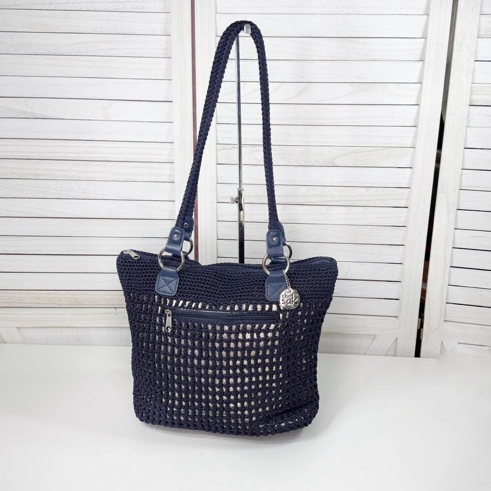 The Sak Woven Crochet Boho Hobo Tote Shoulder‎ Bag Purse Navy Blue Gold